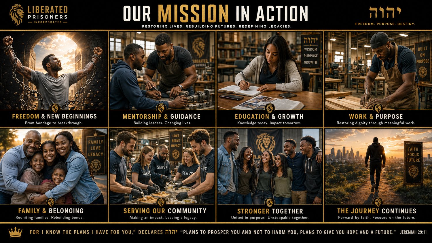 Collage illustrating freedom, mentorship, education, work, family, service, and continued purpose.